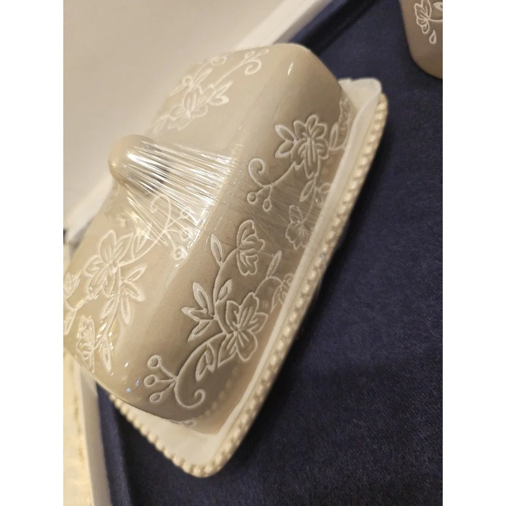 Temp-tations Butter Dish, Sugar, Creamer, Salt, Pepper Shaker Spoon Rest Taupe